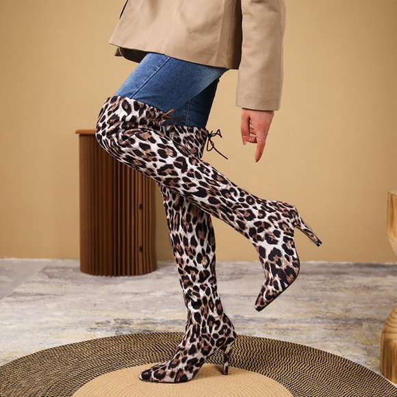 New Leopard Print Pointed Toe Sexy Stiletto Over Knee Stretch Boots - Picture 6 of 7